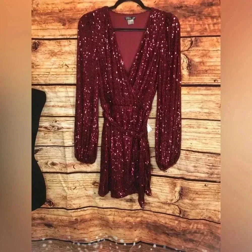 🍒💃🏻Cherry Bomb💃🏻🍒 Red Burgundy Long sleeve Sequin Wrap Dress NWT